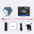 Android TV set-top box with remote, HDMI cable, and regional power adapter for AU, EU, UK, or US outlets.