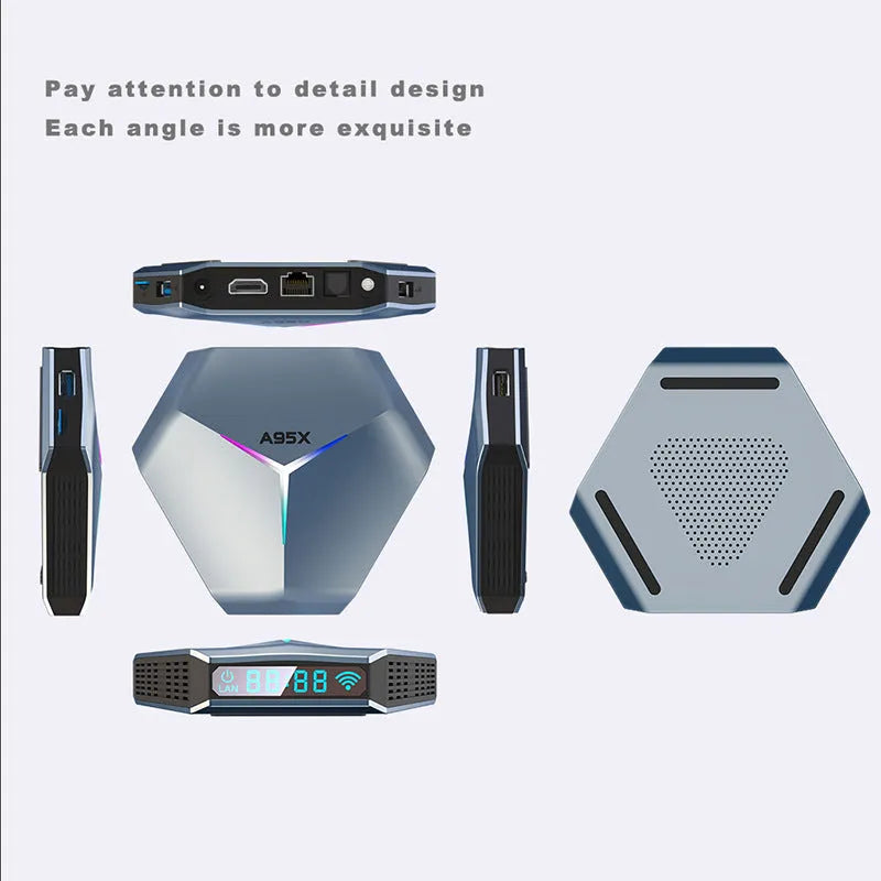 Android TV set-top box with remote, HDMI cable, and regional power adapter for AU, EU, UK, or US outlets.