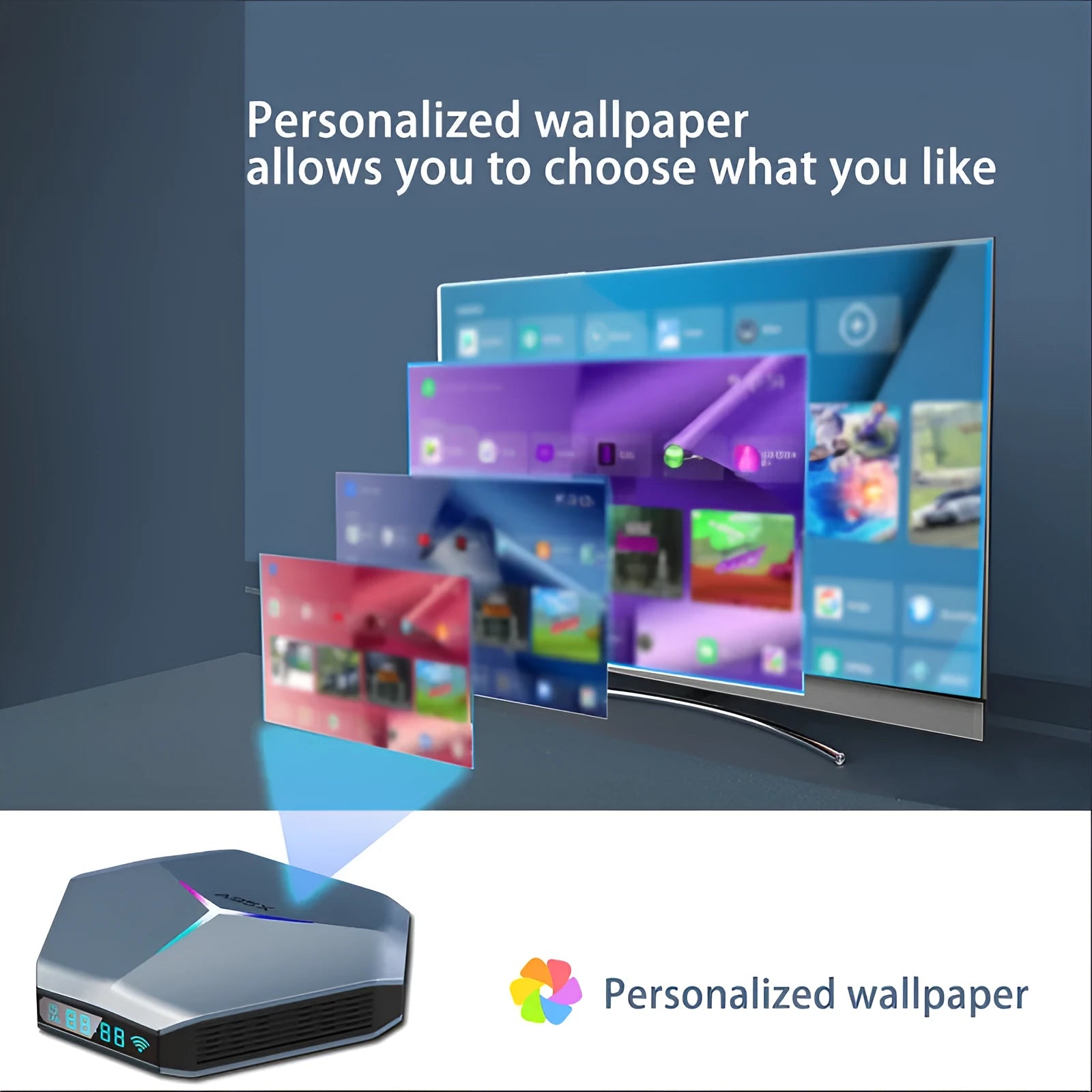 Android TV set-top box with remote, HDMI cable, and regional power adapter for AU, EU, UK, or US outlets.