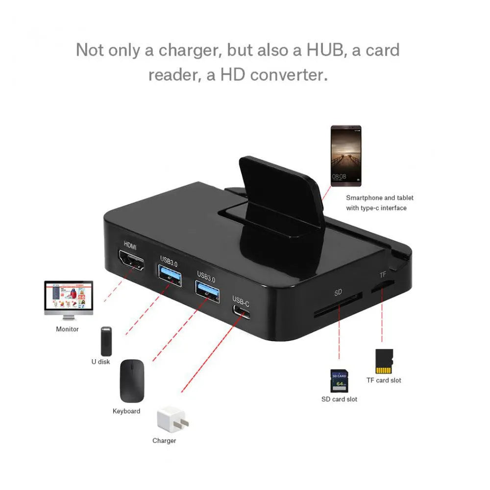 Black mobile phone to HD video converter dock on a wooden table, showing compact size and single black base design.