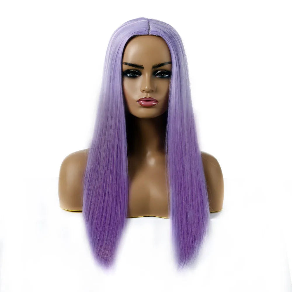 Women's long straight chemical fibre wig in 55cm length, purple colour, on mannequin head