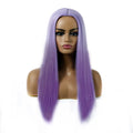Women's long straight chemical fibre wig in 55cm length, purple colour, on mannequin head