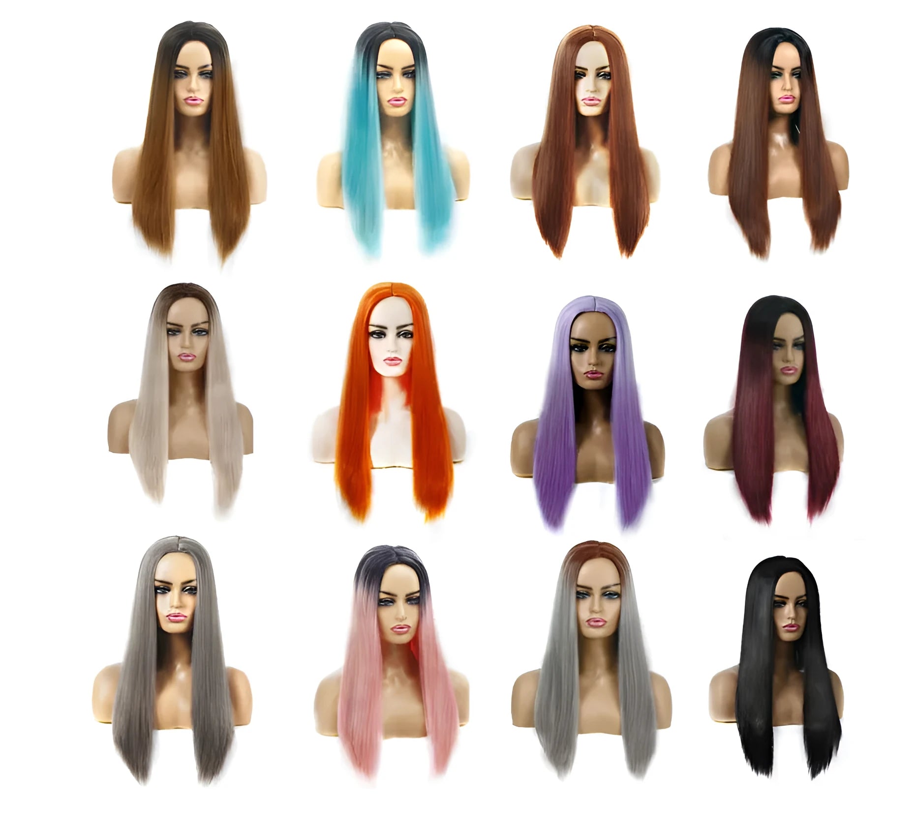 Women's long straight chemical fibre wig in 55cm length, purple colour, on mannequin head