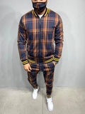 Men's grid patchwork two-piece zipper tracksuit set in blue with stand-up collar and small leg trousers