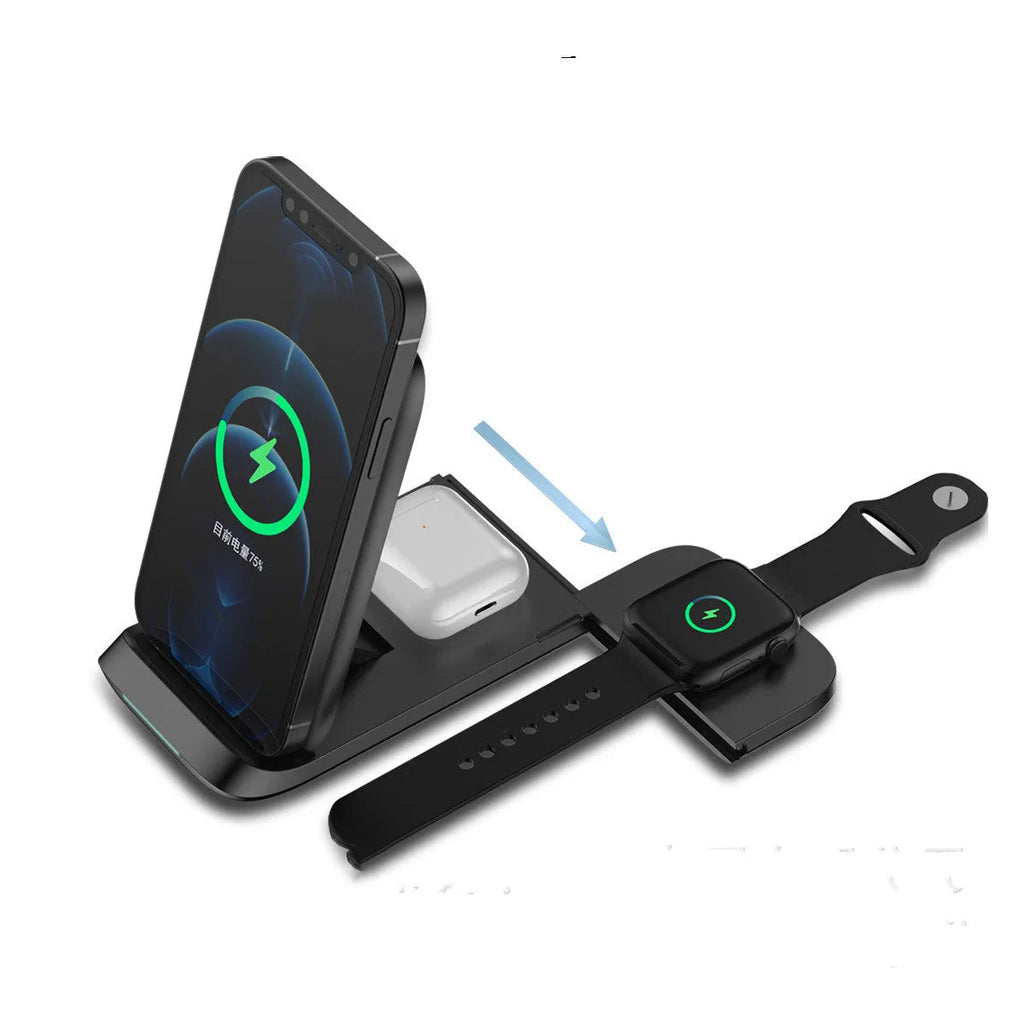 Foldable three-in-one wireless charger for iPhone, Apple Watch and AirPods with magnetic phone holder in black