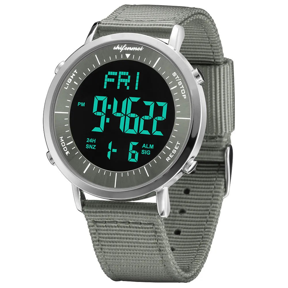 Shifenmei digital sports watch with 10m waterproof rating showing multiple style options