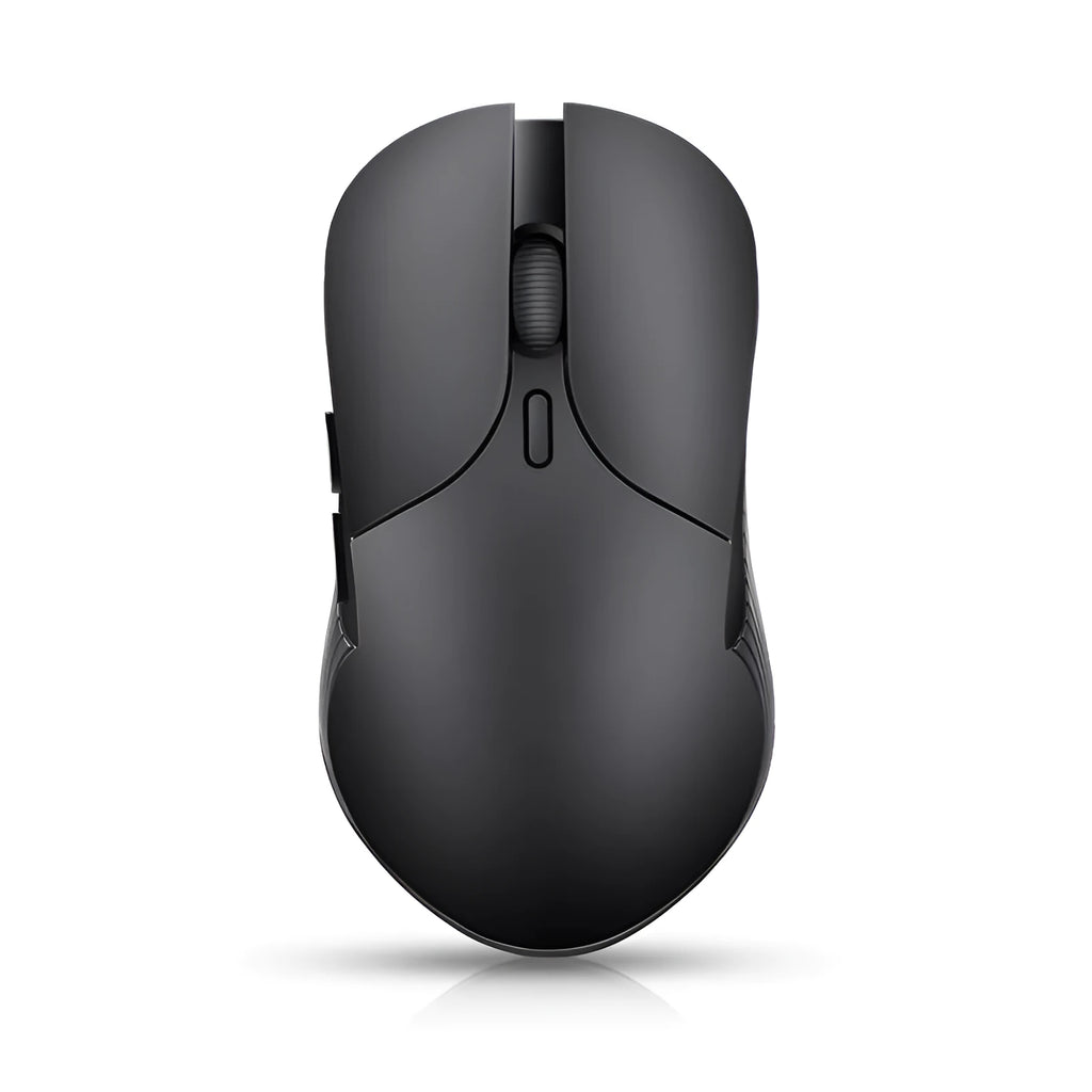 Blue rechargeable wireless smart mouse with voice control and translation functions on a desk.