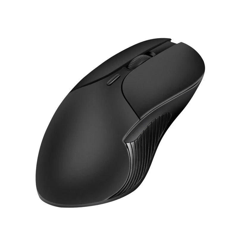 Blue rechargeable wireless smart mouse with voice control and translation functions on a desk.
