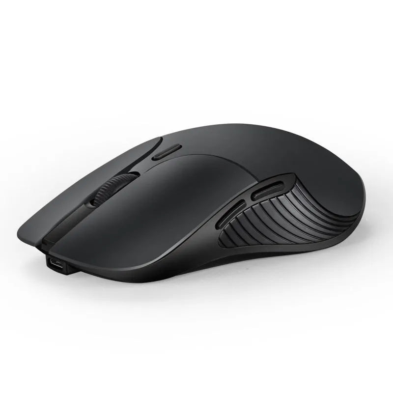 Blue rechargeable wireless smart mouse with voice control and translation functions on a desk.