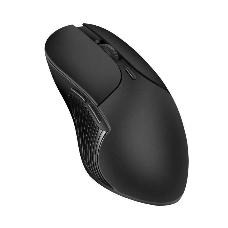 Blue rechargeable wireless smart mouse with voice control and translation functions on a desk.