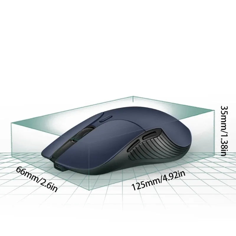 Blue rechargeable wireless smart mouse with voice control and translation functions on a desk.