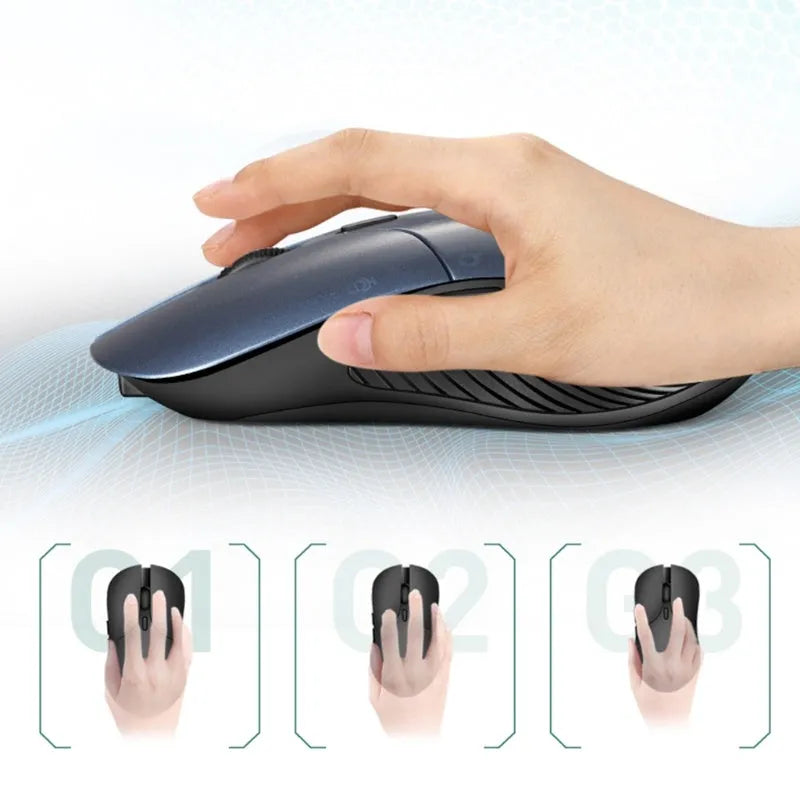 Blue rechargeable wireless smart mouse with voice control and translation functions on a desk.