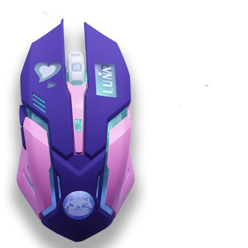 Wireless mute gaming mouse in pink blue colour with 2400dpi and 6 keys for desktop computers