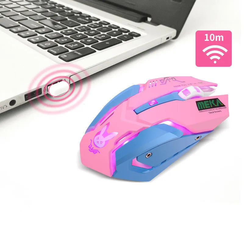 Wireless mute gaming mouse in pink blue colour with 2400dpi and 6 keys for desktop computers