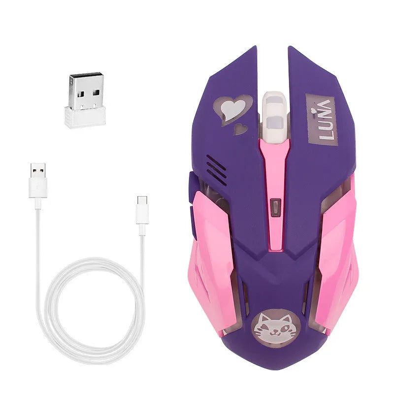 Wireless mute gaming mouse in pink blue colour with 2400dpi and 6 keys for desktop computers