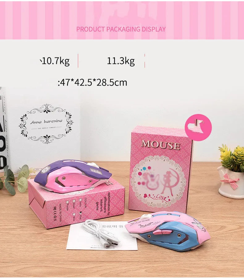 Wireless mute gaming mouse in pink blue colour with 2400dpi and 6 keys for desktop computers