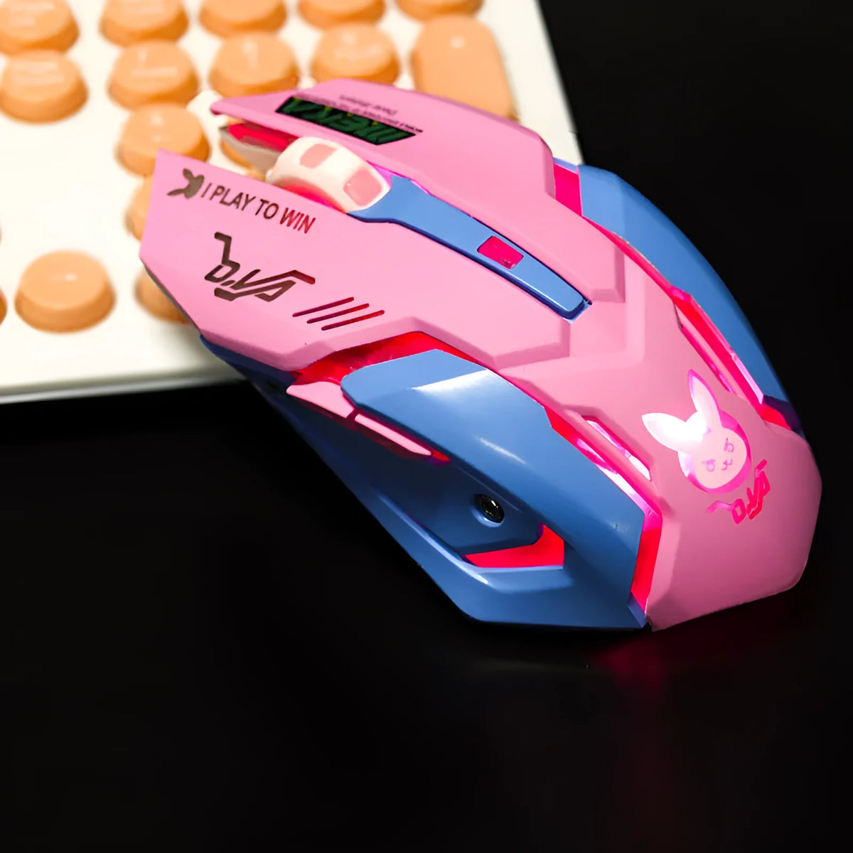 Wireless mute gaming mouse in pink blue colour with 2400dpi and 6 keys for desktop computers