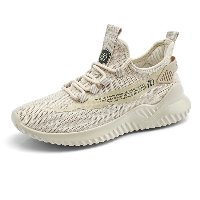 Men's white low-top lace-up trainers with mesh upper and rubber sole on a plain background.