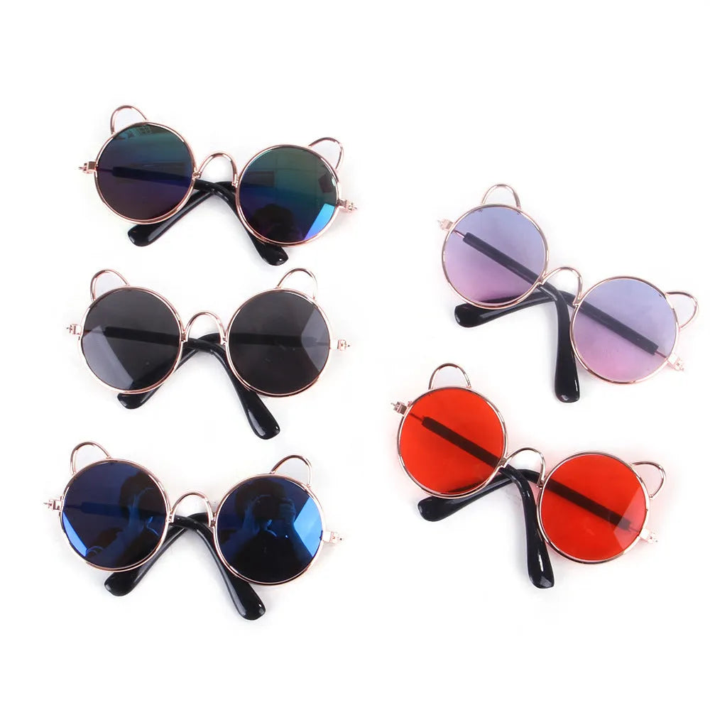Cat wearing metal frame sunglasses in black with reflective lenses