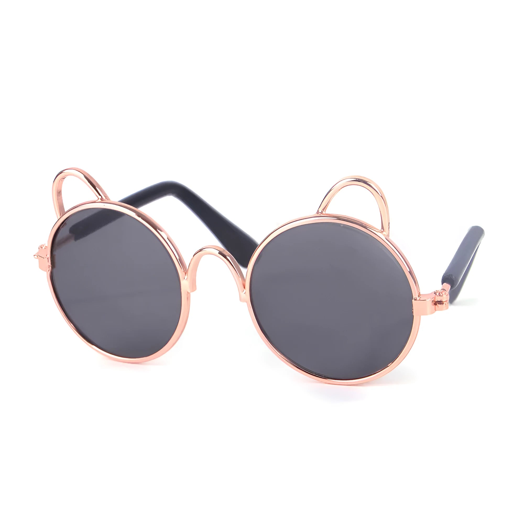 Cat wearing metal frame sunglasses in black with reflective lenses
