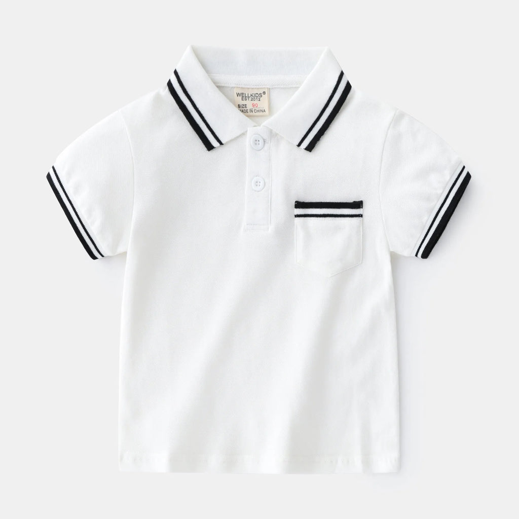 Boys' white and black cotton polo shirts with short sleeves and round neck collars