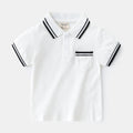 Boys' white and black cotton polo shirts with short sleeves and round neck collars