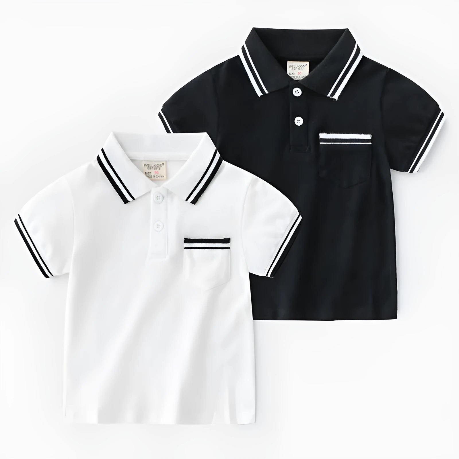 Boys' white and black cotton polo shirts with short sleeves and round neck collars