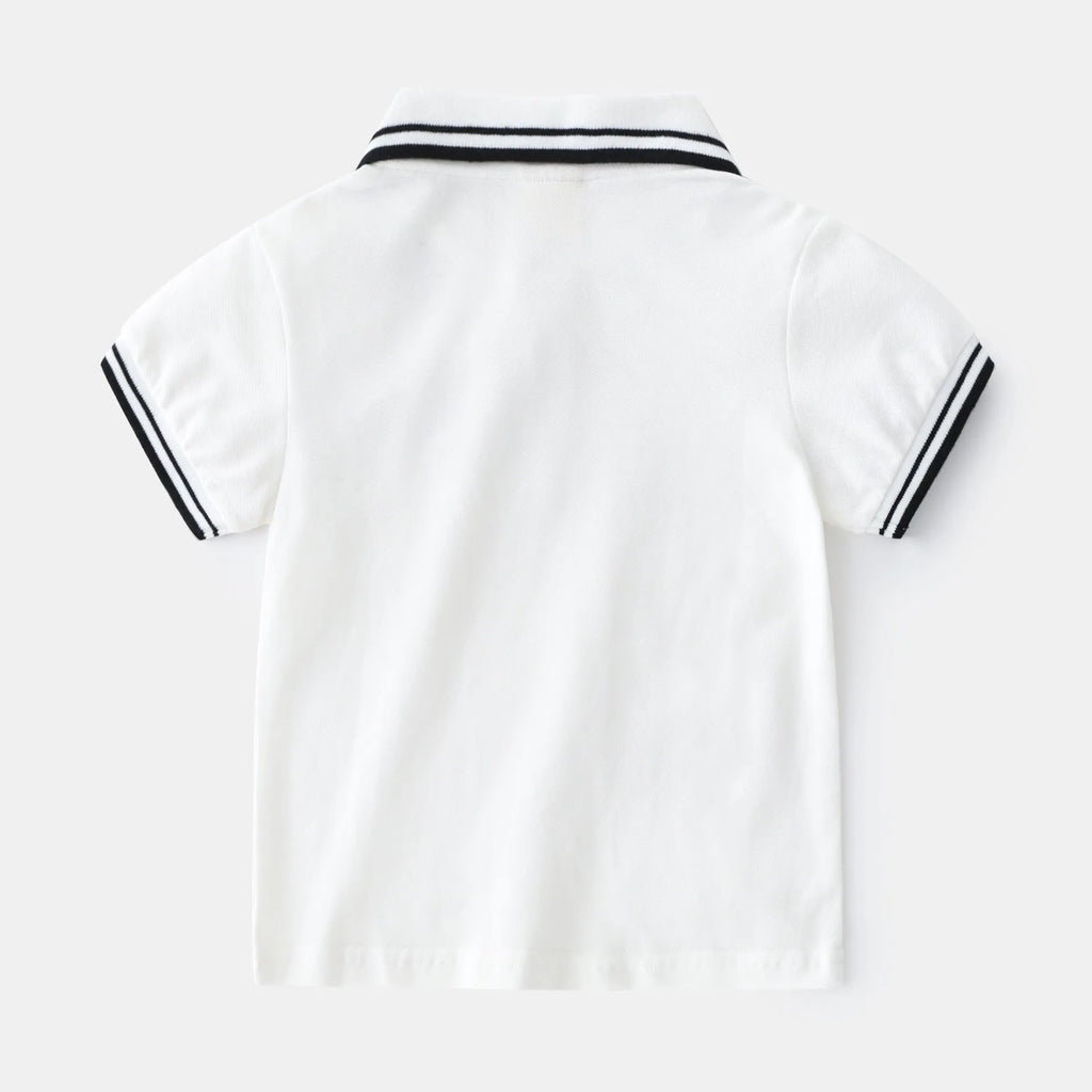 Boys' white and black cotton polo shirts with short sleeves and round neck collars