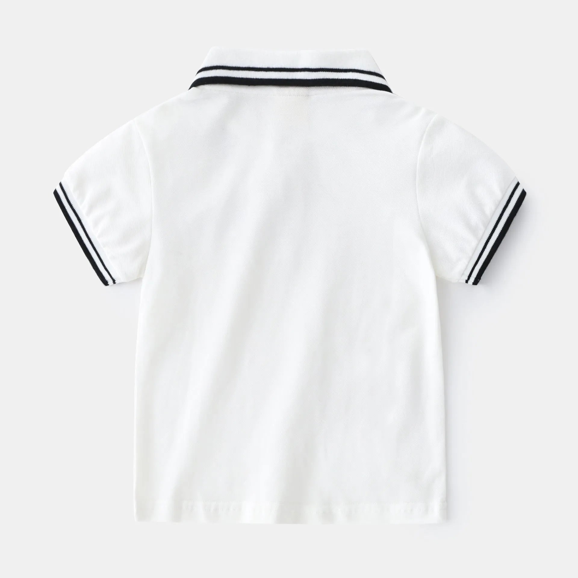 Boys' white and black cotton polo shirts with short sleeves and round neck collars