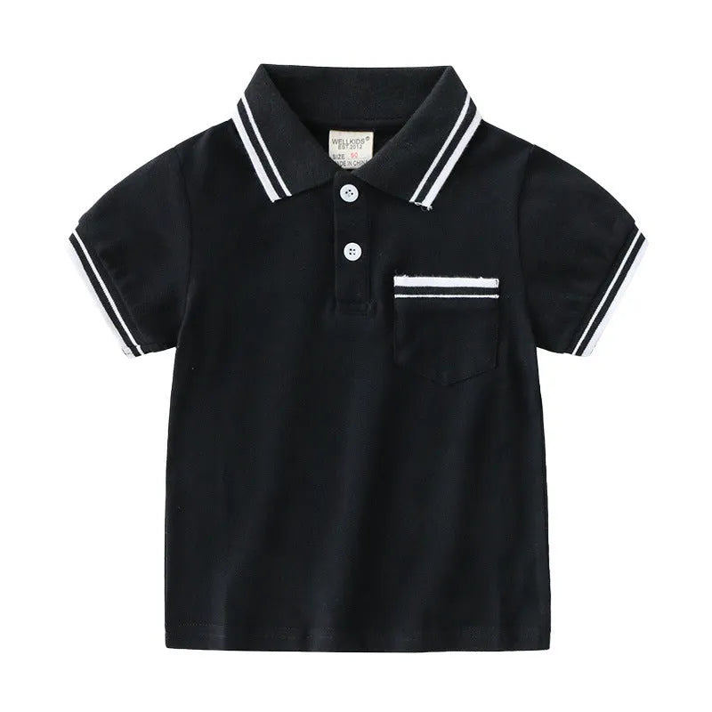 Boys' white and black cotton polo shirts with short sleeves and round neck collars