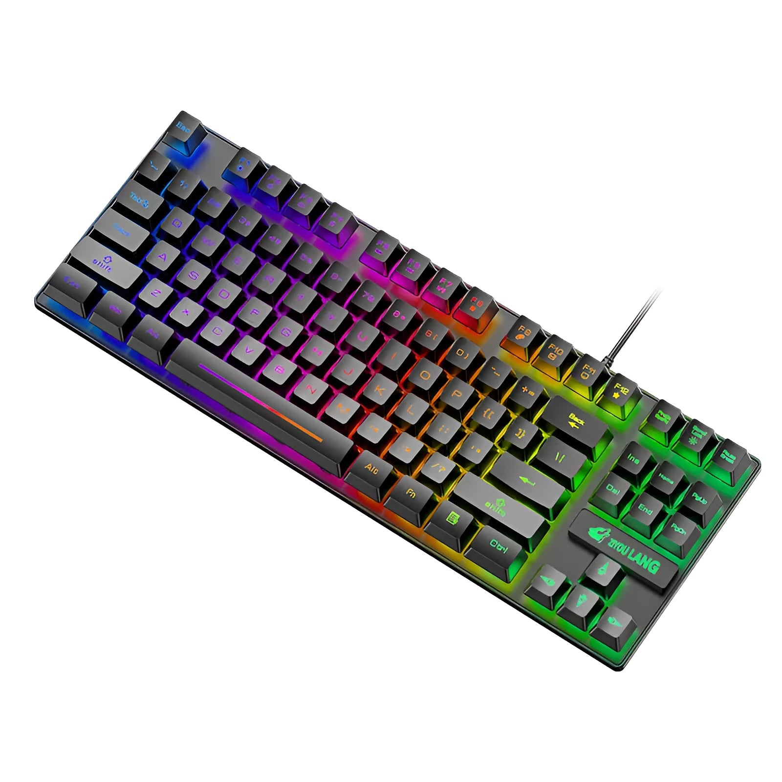 Black mechanical gaming keyboard with coloured keycaps and simple design next to notebook computer