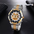 Men's mechanical watch with steel band, pin buckle, and quartz glass mirror in gold shell and black dial