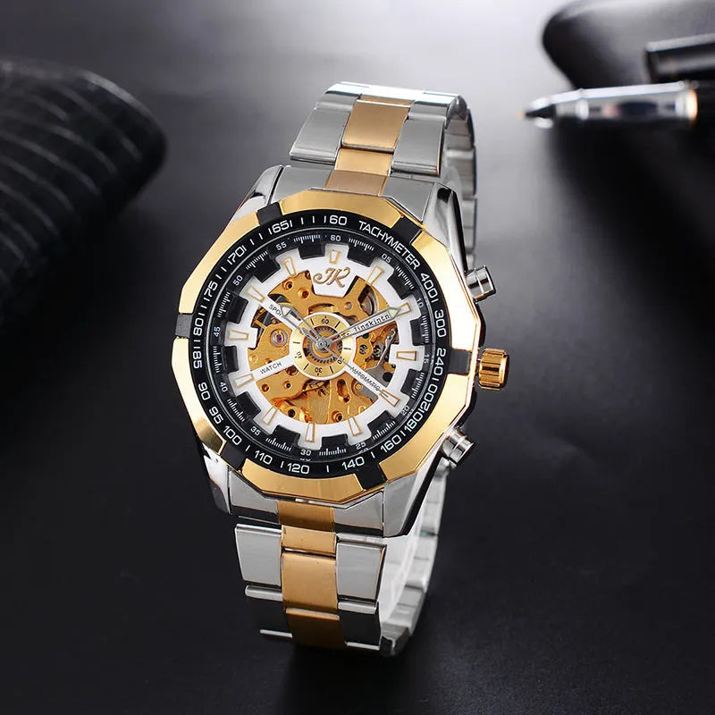 Men's mechanical watch with steel band, pin buckle, and quartz glass mirror in gold shell and black dial