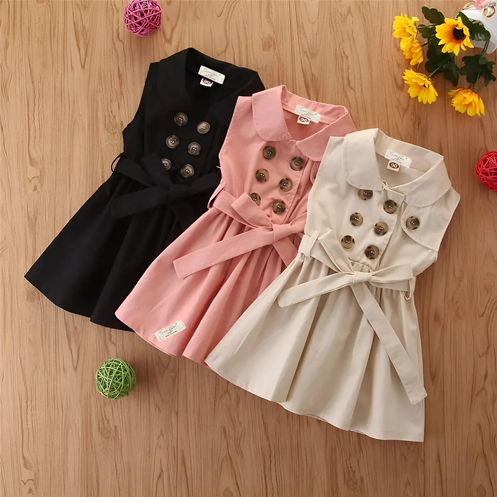 Sleeveless cotton A-line princess dress for a young girl, shown in pink.