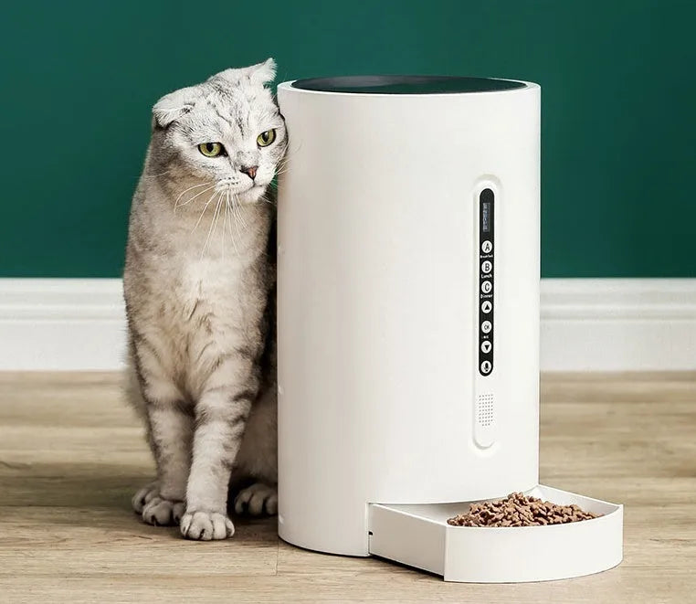White smart pet feeder with 4.6L capacity and programmable timing for cats and dogs