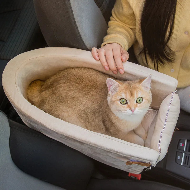 Nonslip quilted pet carrier armrest box for small dogs – grey fabric with zipper and safety buckle on car seat