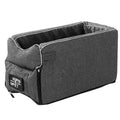 Nonslip quilted pet carrier armrest box for small dogs – grey fabric with zipper and safety buckle on car seat