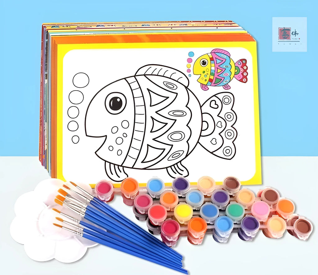 Children's gouache painting drawing board with 50 artworks, 8 pigment rows, and 8 pens on a 19x27cm sketchpad.