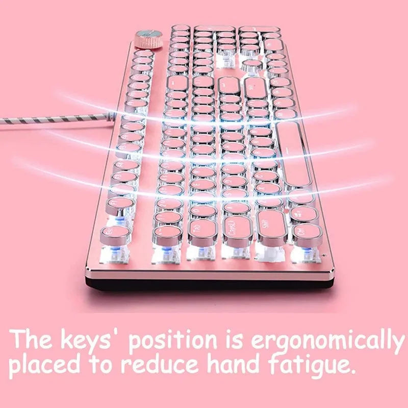 Technology Xinmeng Queen Lipstick mechanical keyboard with green switches, silver base, and pink keycaps