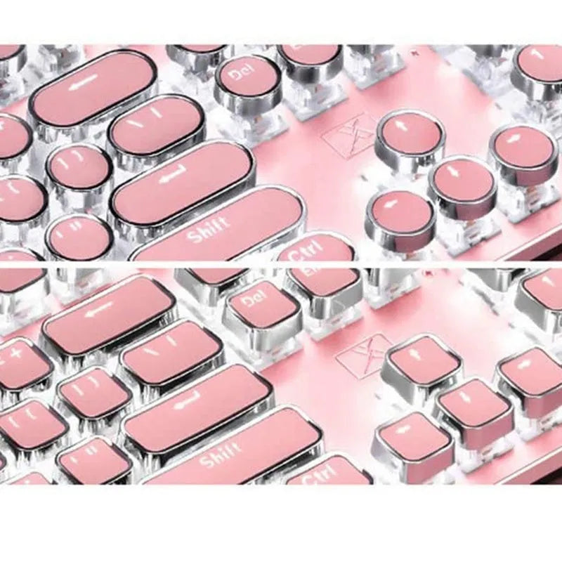 Technology Xinmeng Queen Lipstick mechanical keyboard with green switches, silver base, and pink keycaps