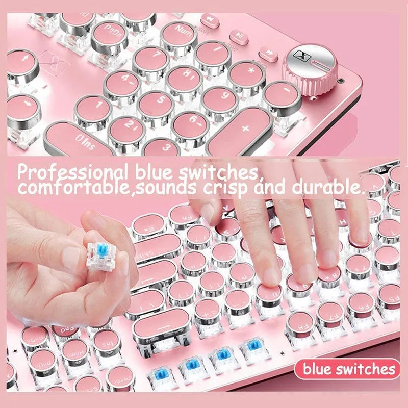 Technology Xinmeng Queen Lipstick mechanical keyboard with green switches, silver base, and pink keycaps