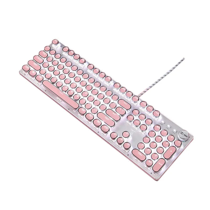 Technology Xinmeng Queen Lipstick mechanical keyboard with green switches, silver base, and pink keycaps