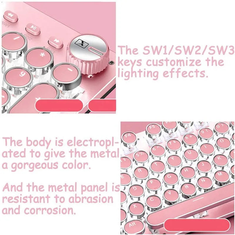 Technology Xinmeng Queen Lipstick mechanical keyboard with green switches, silver base, and pink keycaps