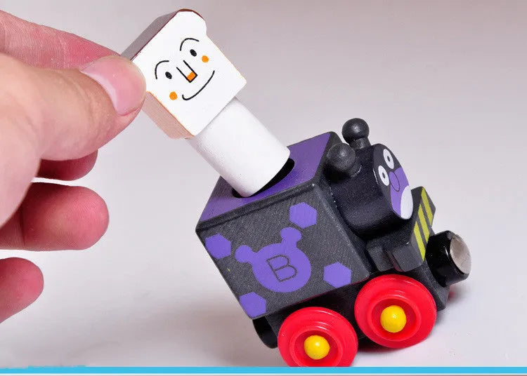 Wooden magnetic train puppet toy with six colourful villain figures in the van, 35x9x4cm, on a neutral background.