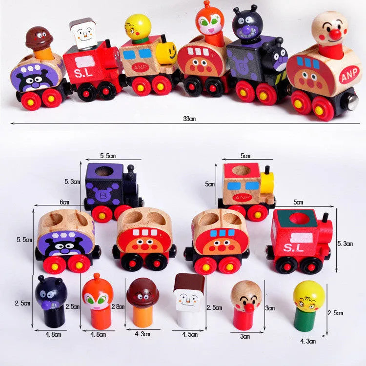 Wooden magnetic train puppet toy with six colourful villain figures in the van, 35x9x4cm, on a neutral background.