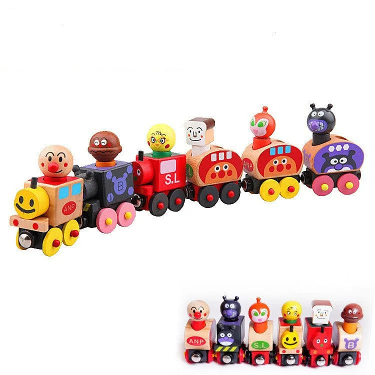 Wooden magnetic train puppet toy with six colourful villain figures in the van, 35x9x4cm, on a neutral background.