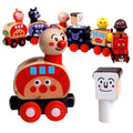 Wooden magnetic train puppet toy with six colourful villain figures in the van, 35x9x4cm, on a neutral background.