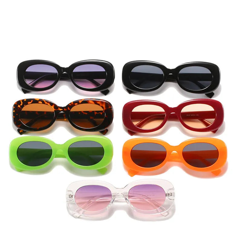 Women's oval sunglasses with PC frame and AC lenses, UV400, shown in seven colour options