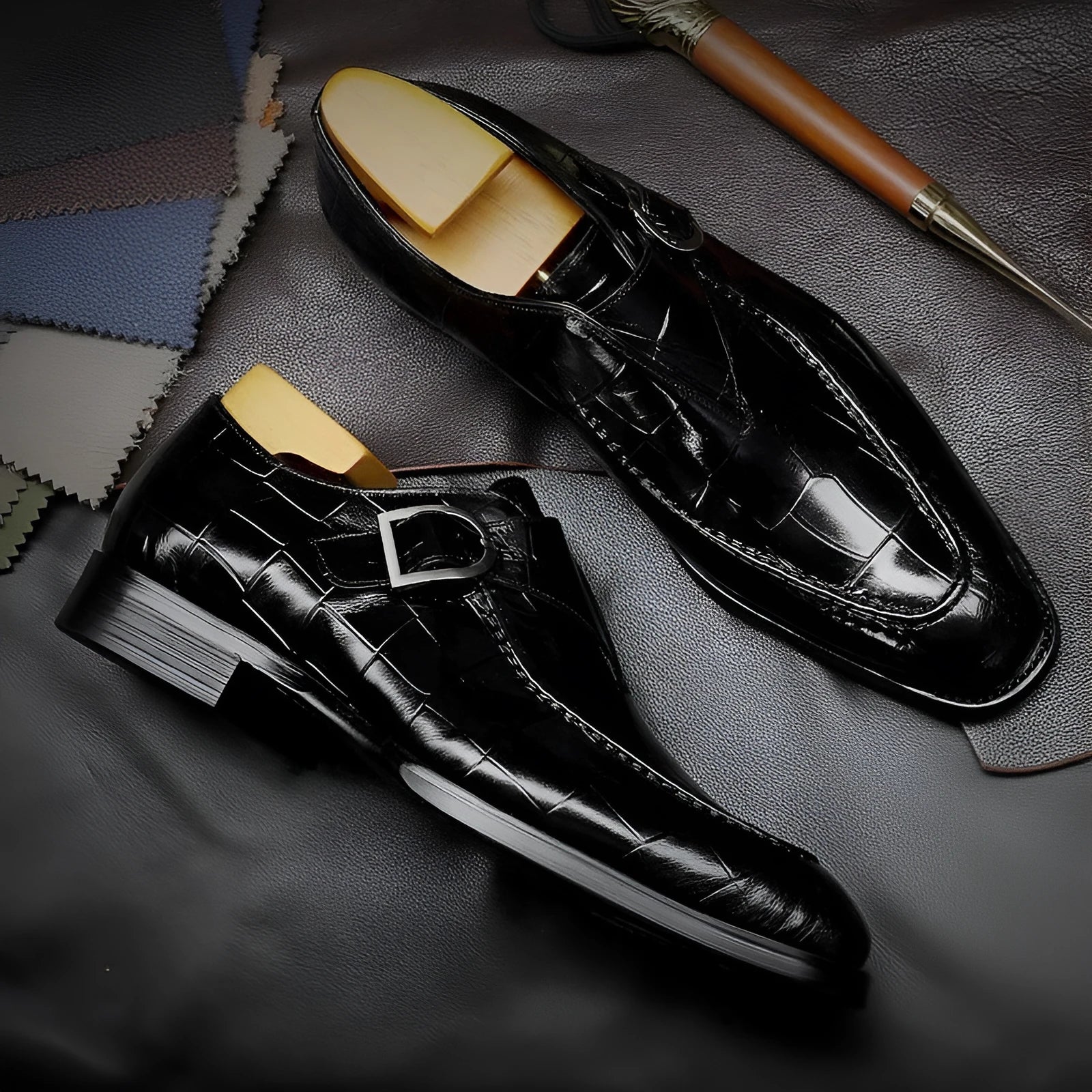 ClassicPattern men's formal black flat shoes with PU upper and leather toe cap on a plain background