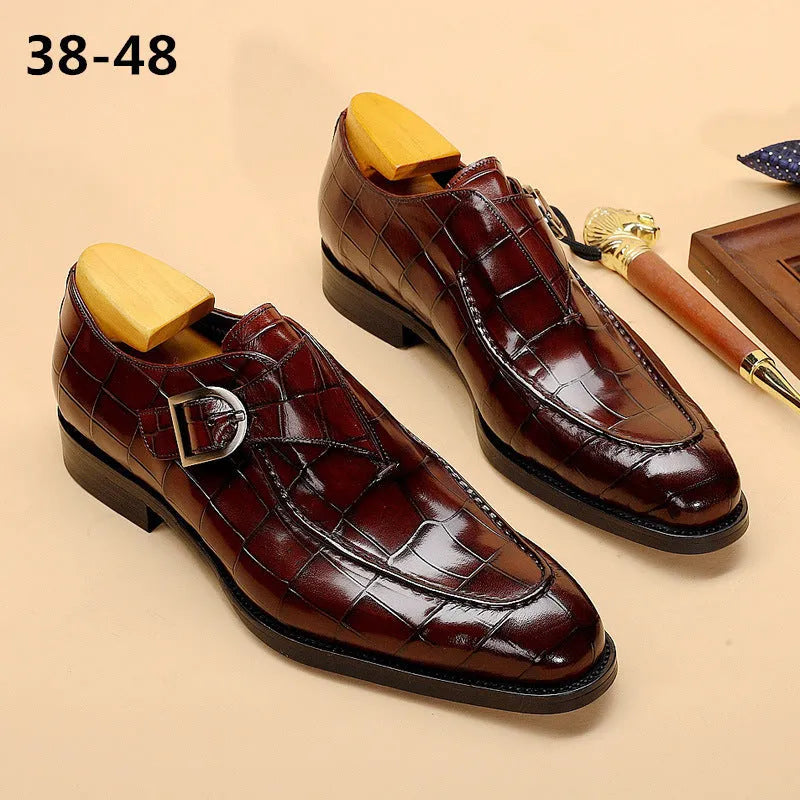 ClassicPattern men's formal black flat shoes with PU upper and leather toe cap on a plain background